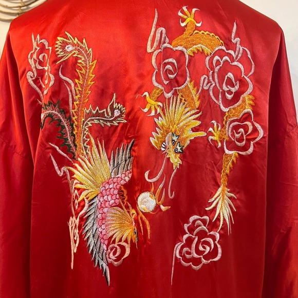 Vintage Dragon Phoenix Embroidered Kimono Robe Red Satin Asian Lounge OS - Picture 4 of 10